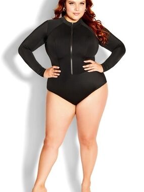 City Chic Cancun Black Long Sleeve One-Piece Rash Guard Swimsuit